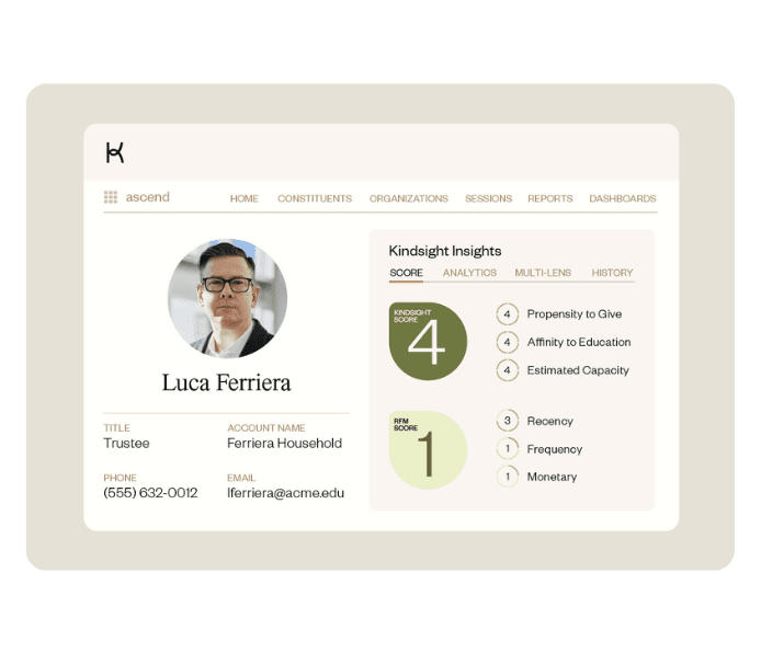 Dashboard view of ascend's fundraising CRM. The image shows Kindsight Insights and a trustee.