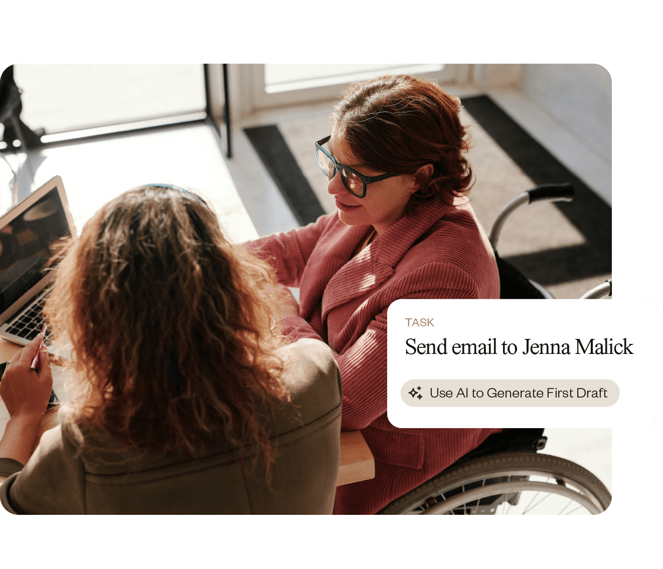 Two women using a fundraising CRM to automatically send emails.