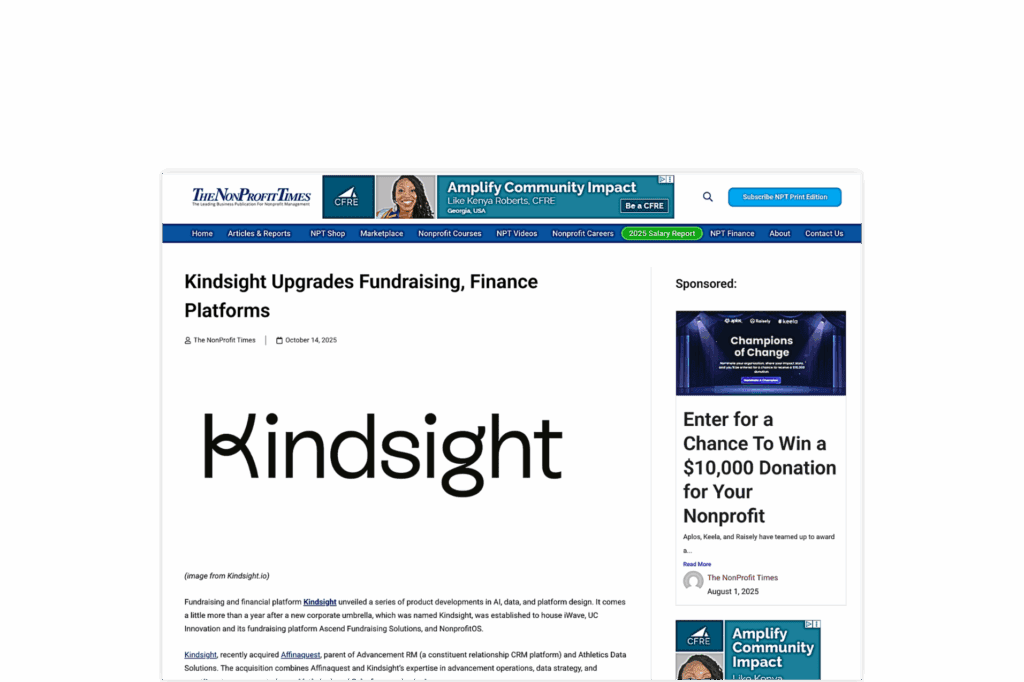 Nonprofit times - October 14 2025 - Kindsight Upgrades Fundraising, Finance Platforms