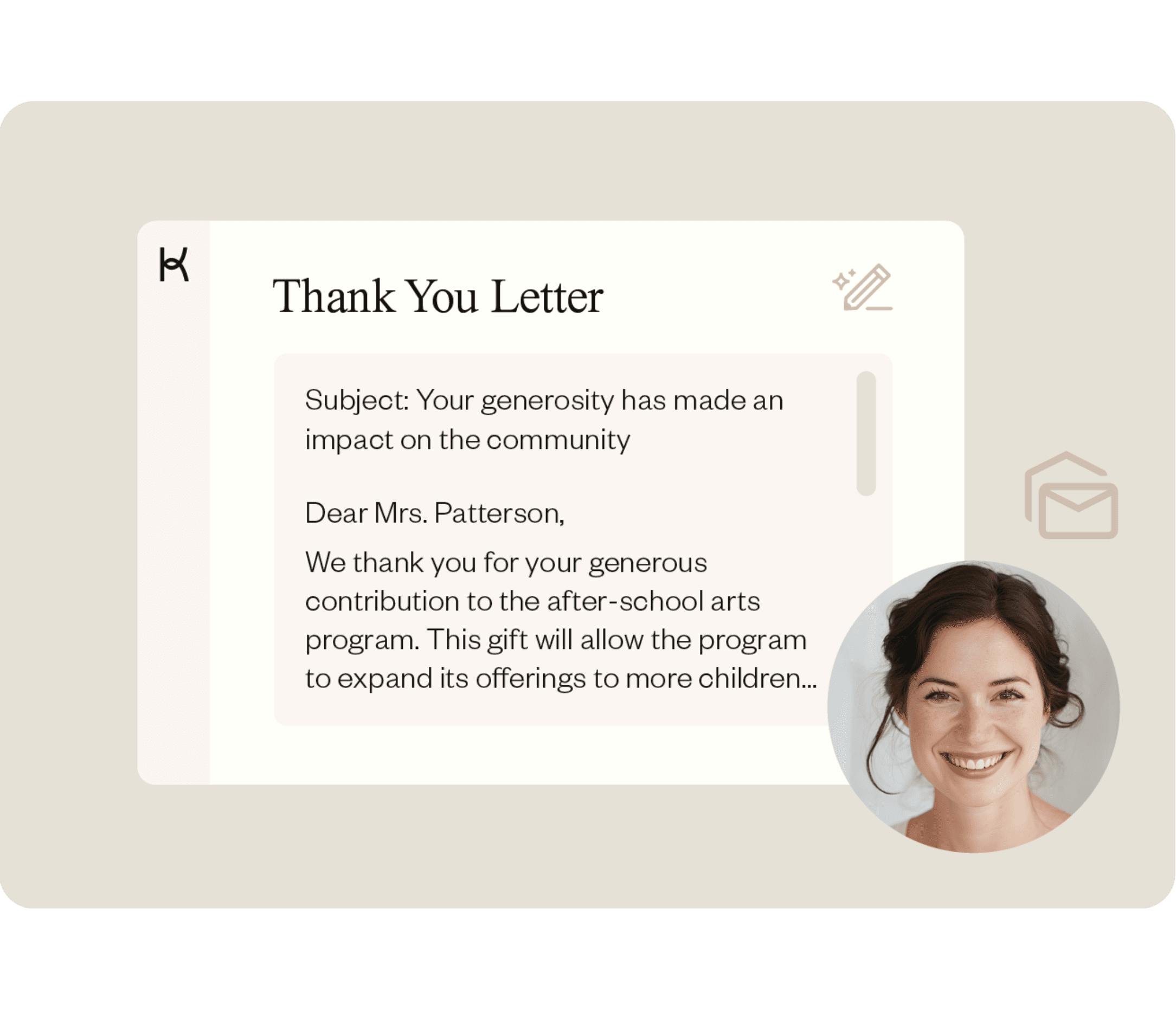 An image of a written email with a woman smiling in the corner of the image